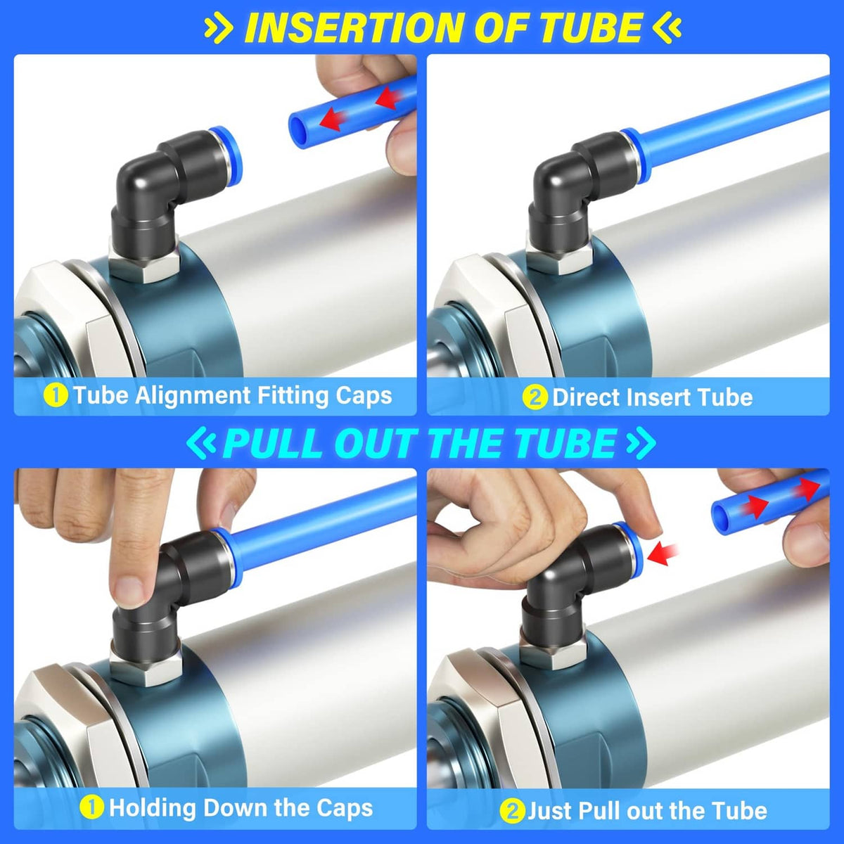 Blue PU tube fitting insertion and removal with black push-fit alignment caps