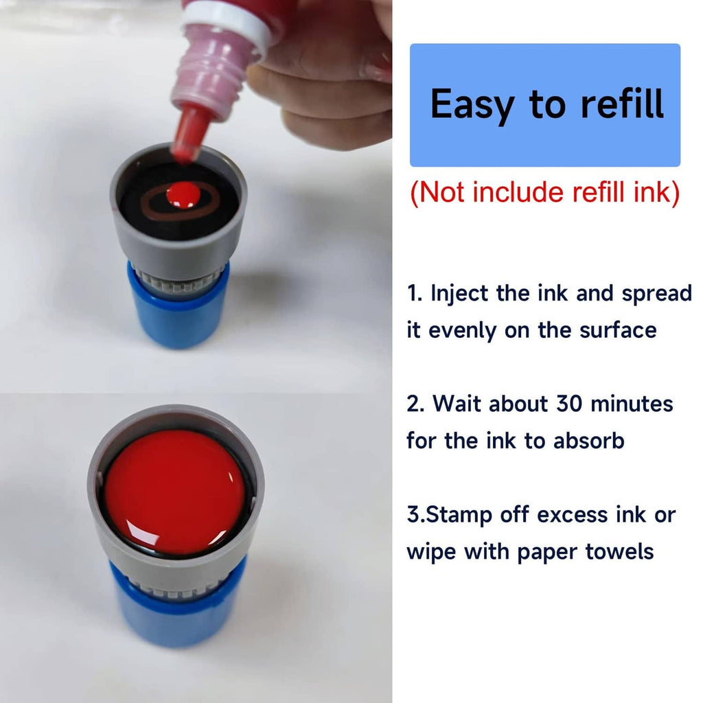 Green self-inking cash stamp being refilled with red ink, on white surface