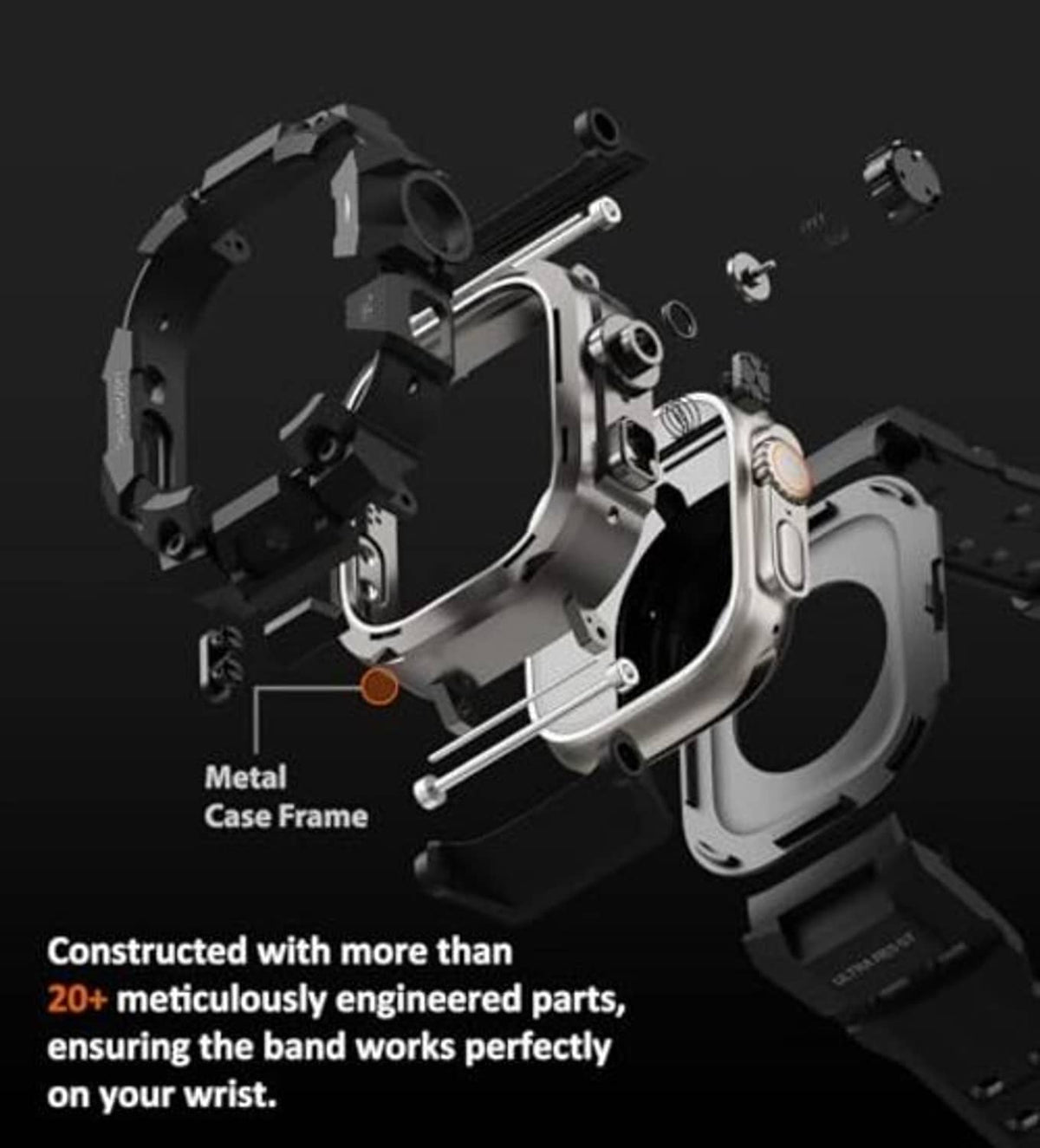 Black metal watch case frame with band and mounting pieces, rugged design