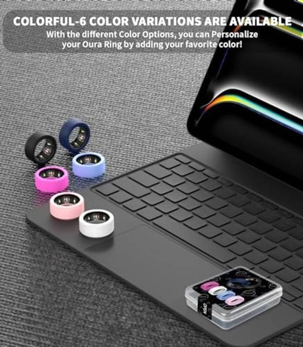 Set of colorful silicone ring protector cases on dark fabric surface