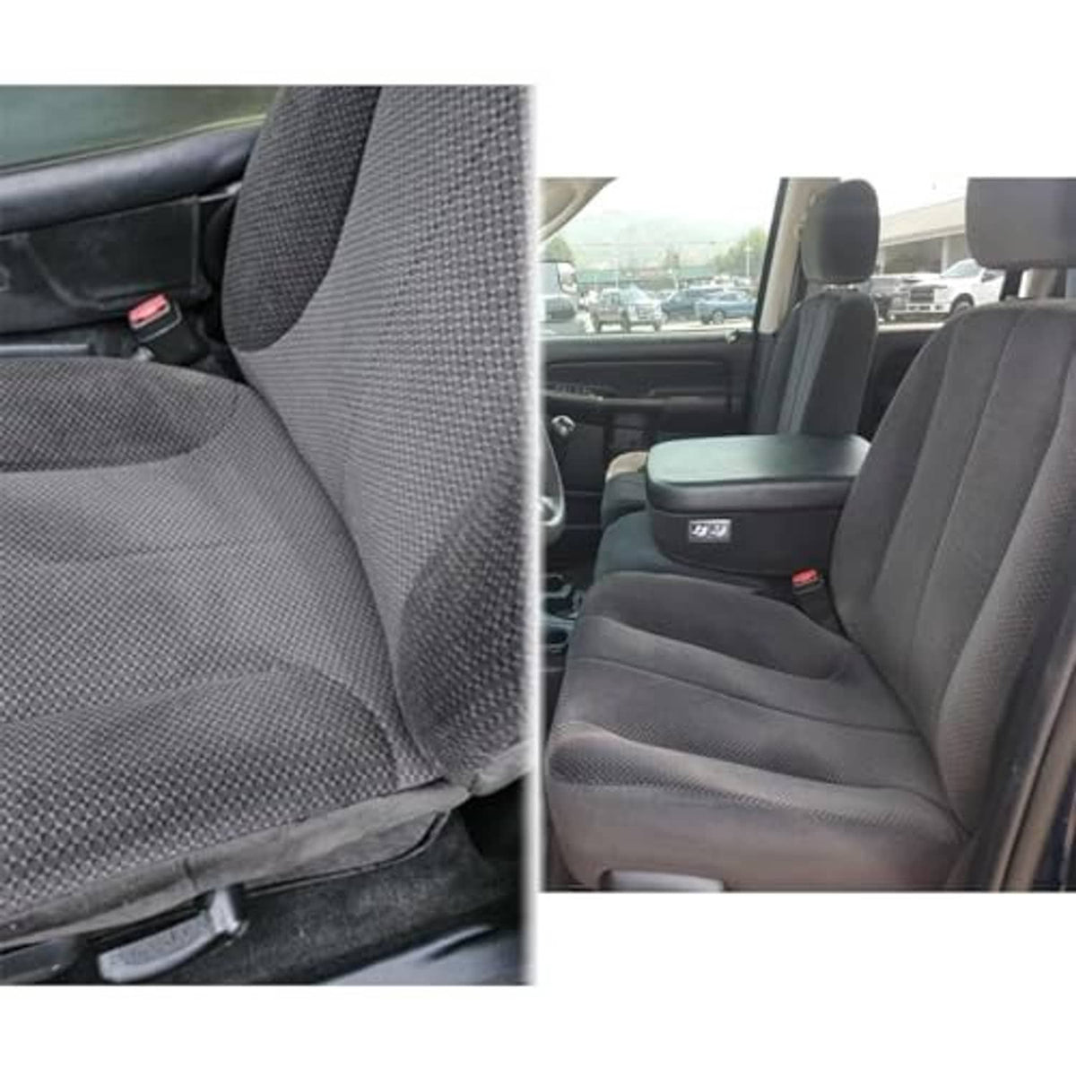 Dark gray front driver seat bottom cover installed on car seat