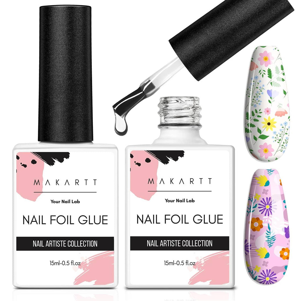 Nail foil glue gel set with bottles, black cap, and nail foil sheets for transfer