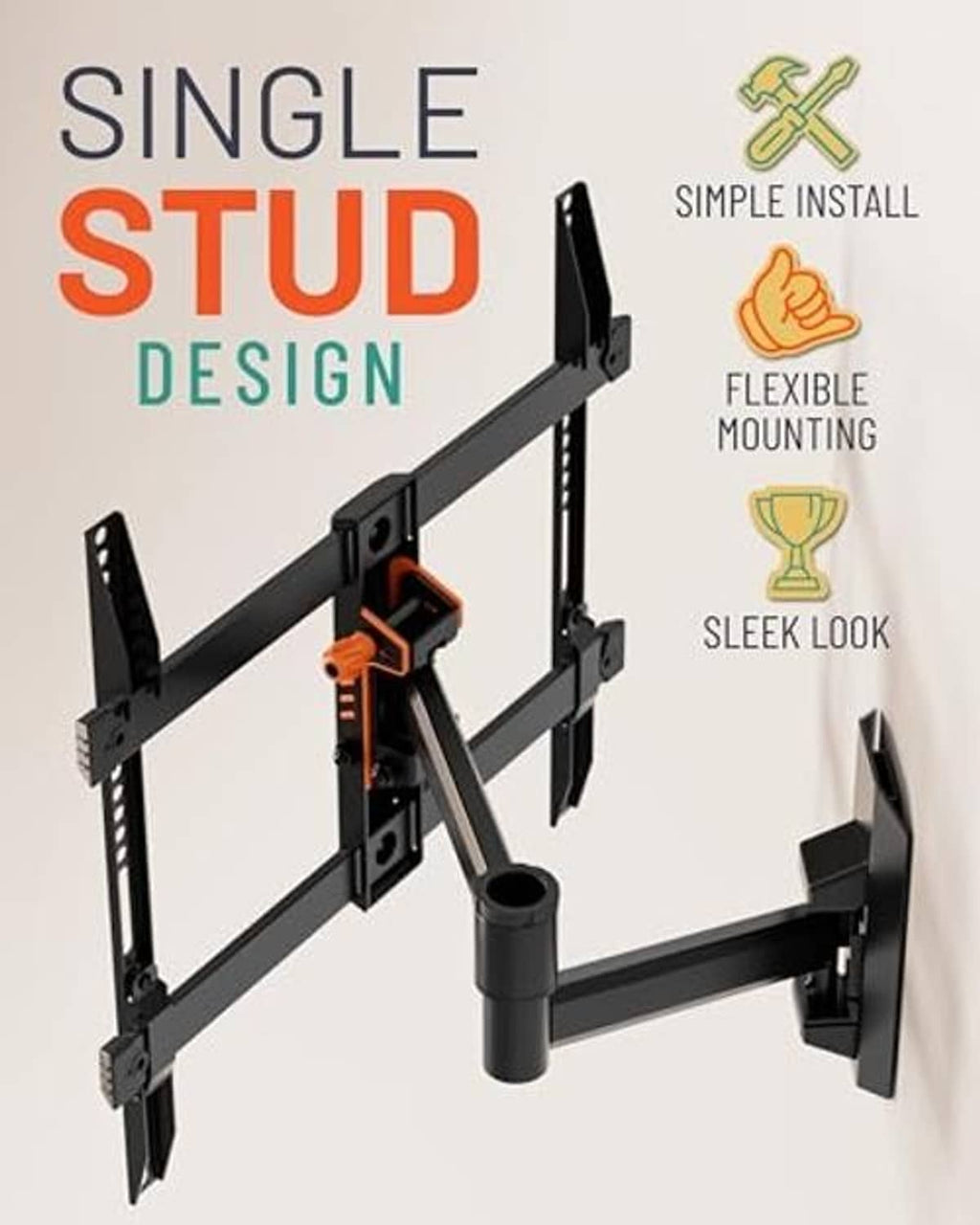 Stud TV wall mount with black rails, brackets, and orange locking lever