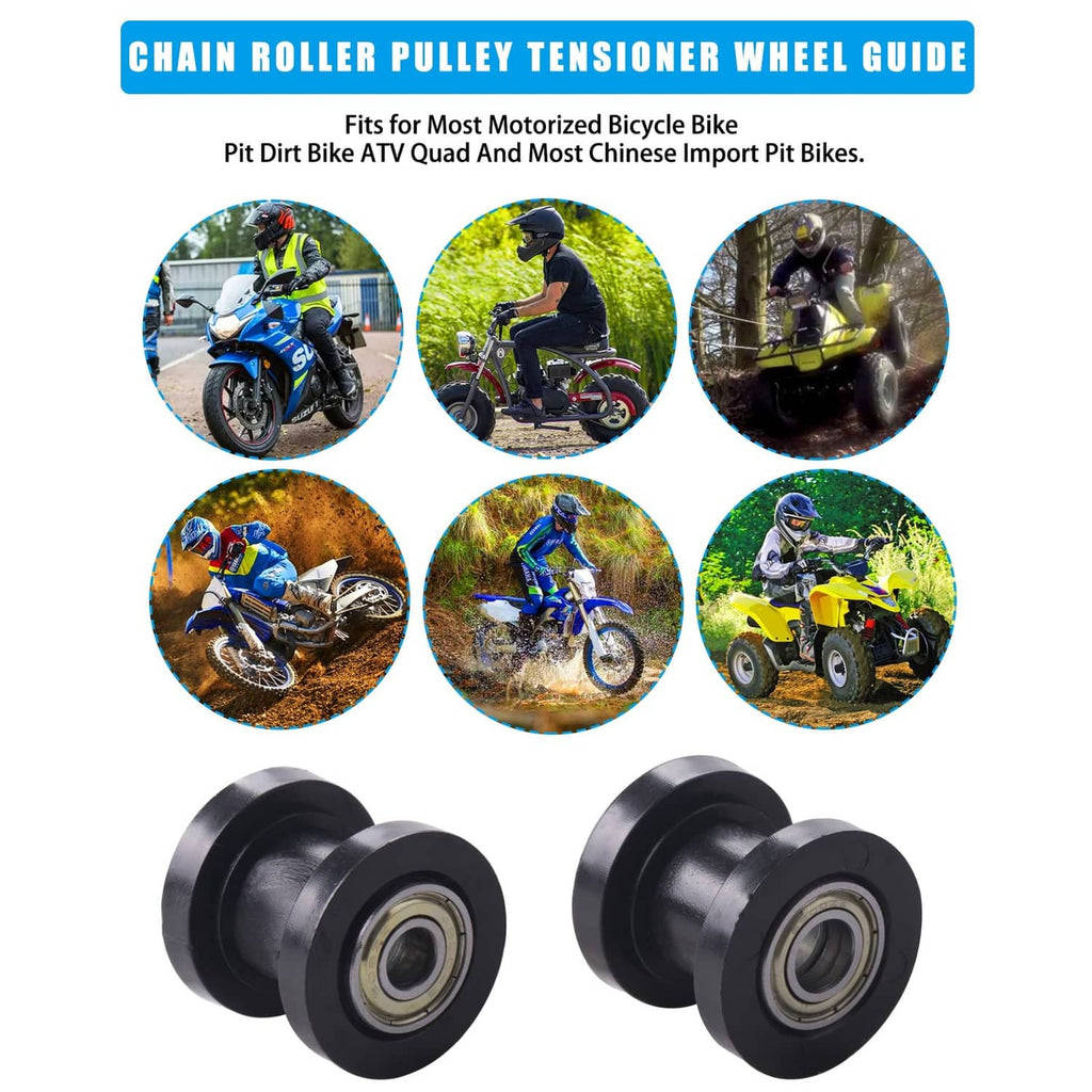 Two black chain roller pulley tensioner wheels with bearings and mounting bolts