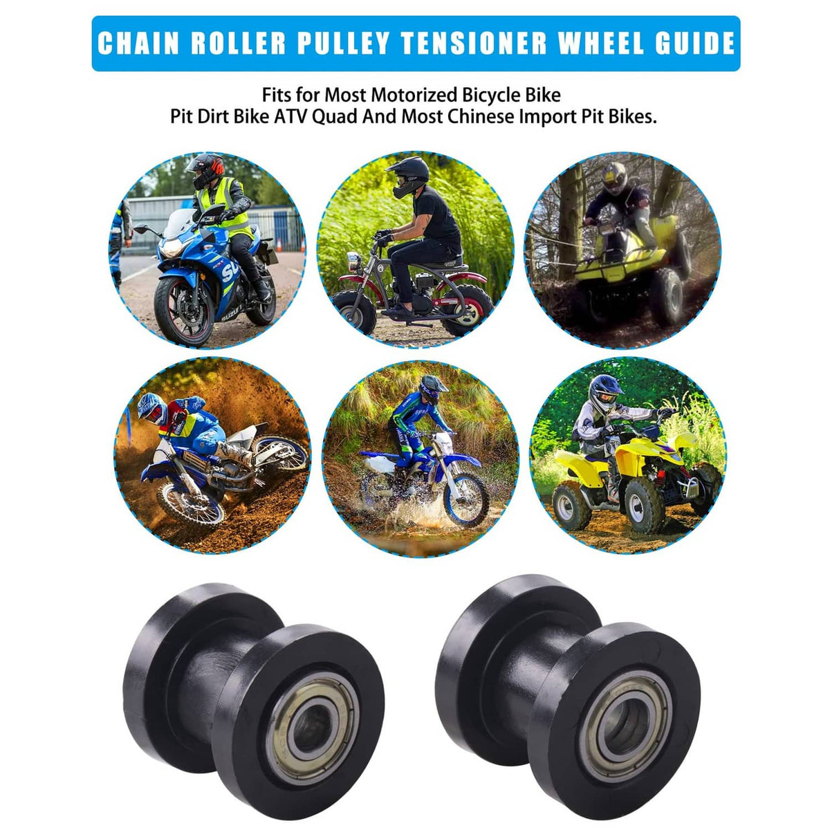 Two black chain roller pulley tensioner wheels with bearings and mounting bolts