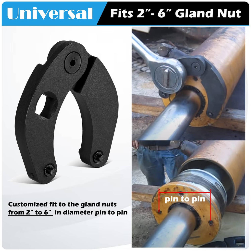 Universal black adjustable gland nut wrench with curved jaw frame and side pin posts