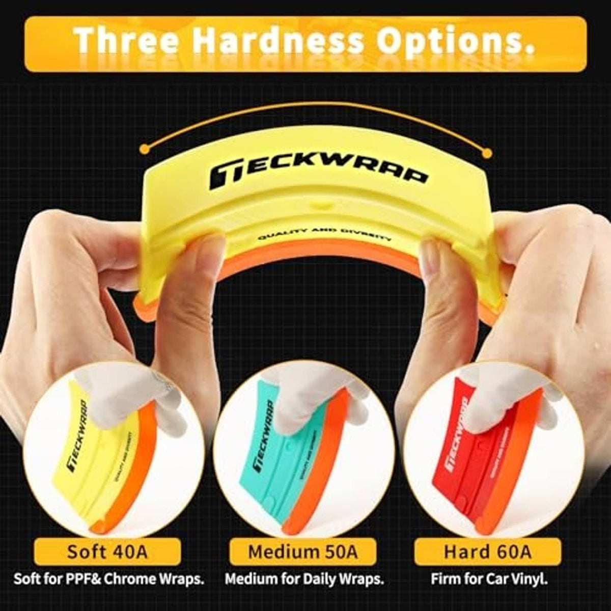 Trapezoid felt squeegees, soft-medium-hard set in yellow, teal, and red.
