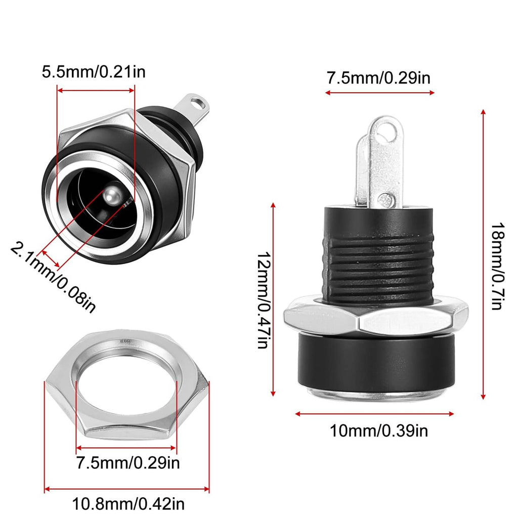 Black 5.5x2.1mm DC panel-mount power jack connector with mounting nut