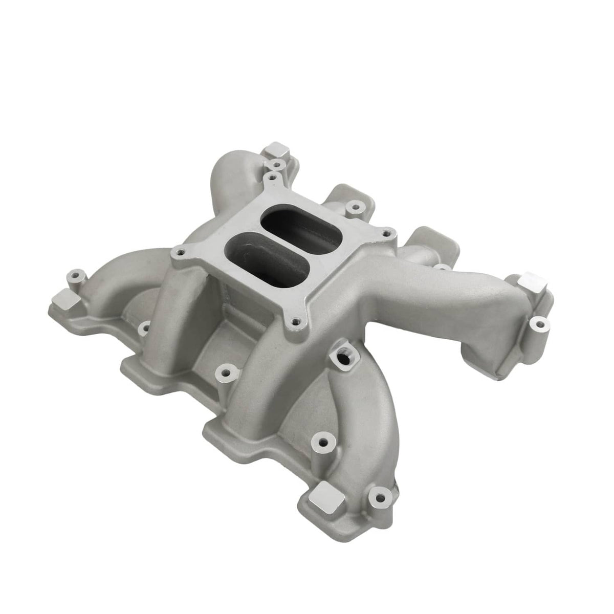 Aluminum intake manifold with curved runners, two ports, and threaded bosses