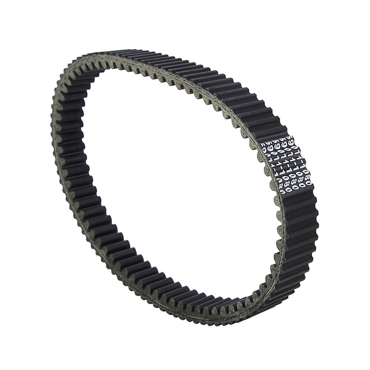 Drive belt loop in 3/4 view, black ribbed rubber with scalloped edge
