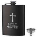 Black hip flask with cross and HOLY WATER text, plus metal funnel spout