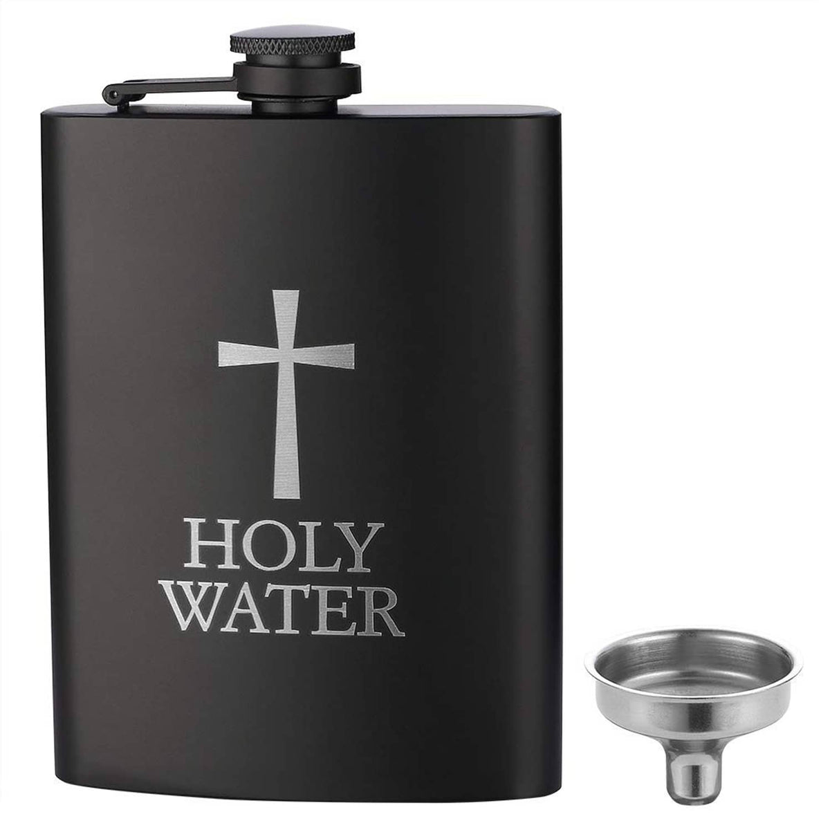 Black hip flask with cross and HOLY WATER text, plus metal funnel spout