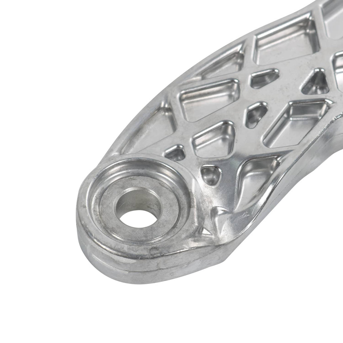 Rear axle differential mounting bracket end close-up, silver metal with circular hole