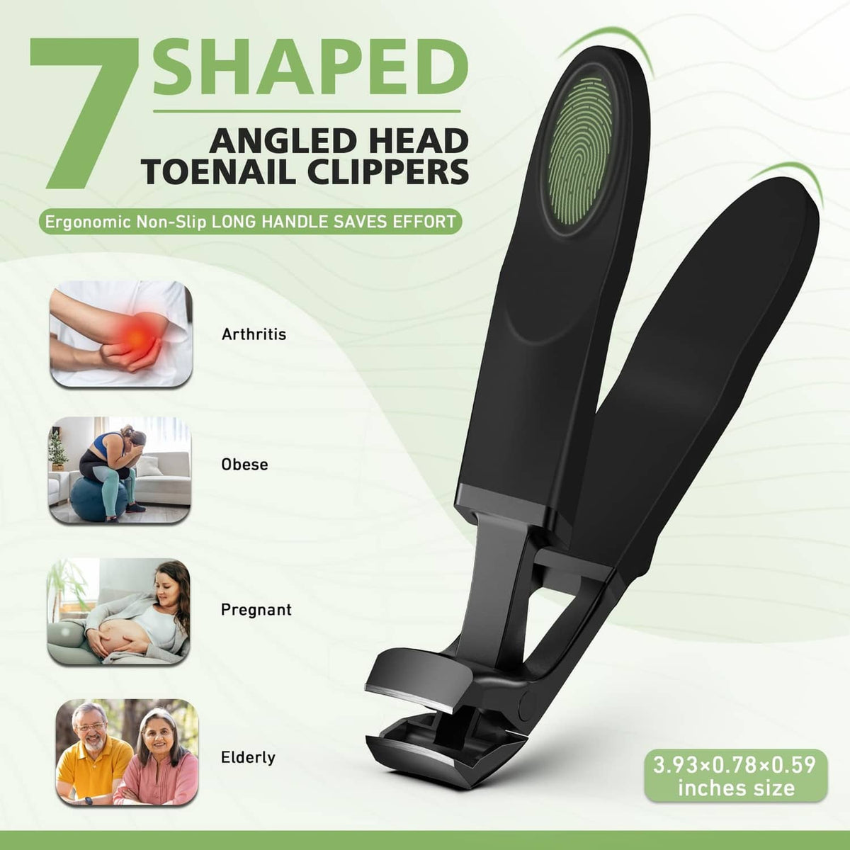 Black angled head toenail clipper with long handle and wide jaw
