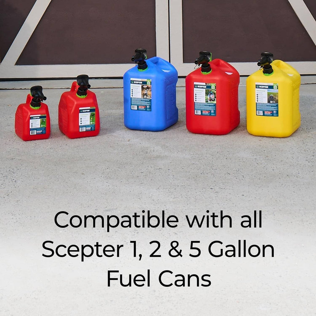 Replacement spout kit shown with Scepter 1, 2 & 5 gallon fuel cans (compatible)
