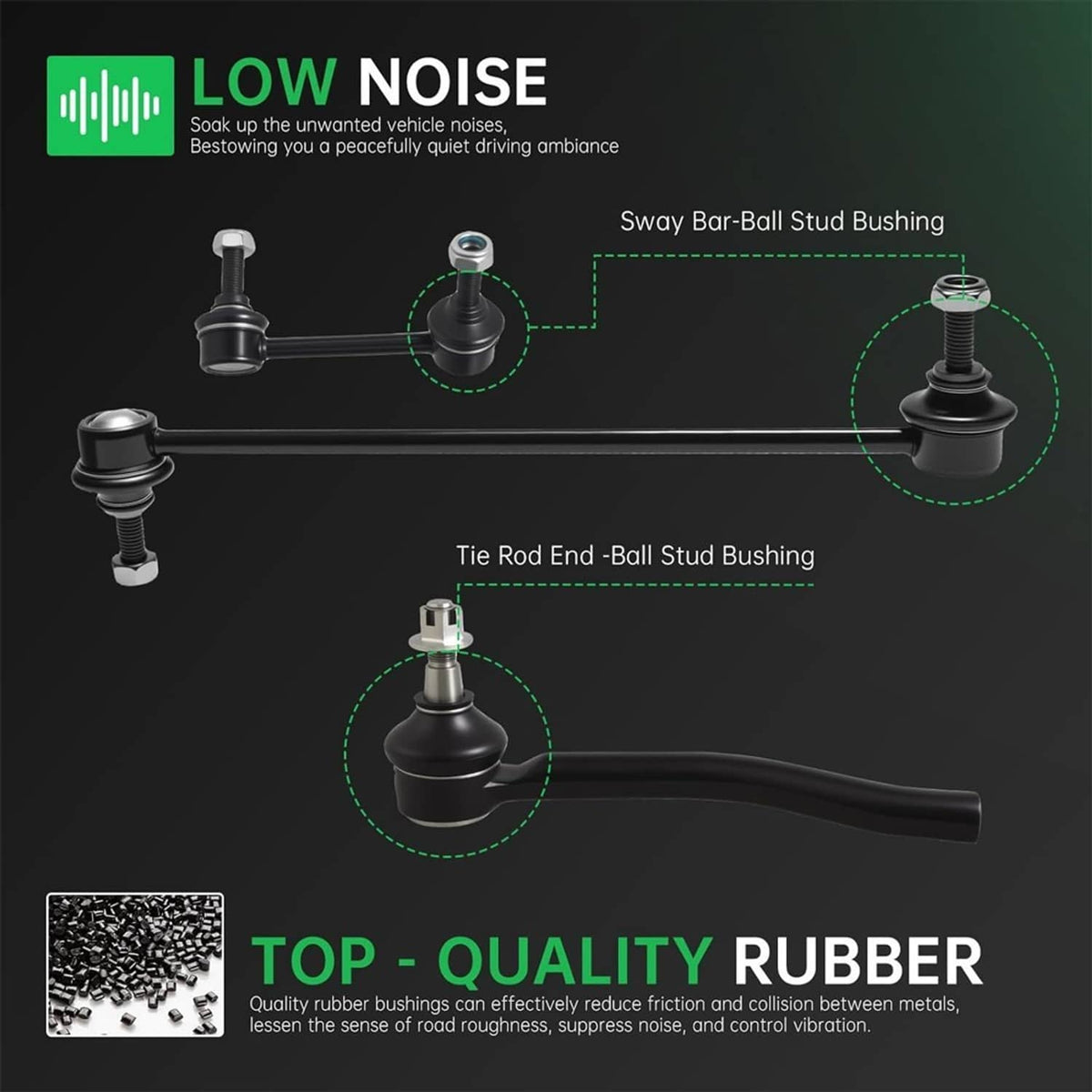 Front end suspension linkage parts with rubber bushings for reduced noise and vibration