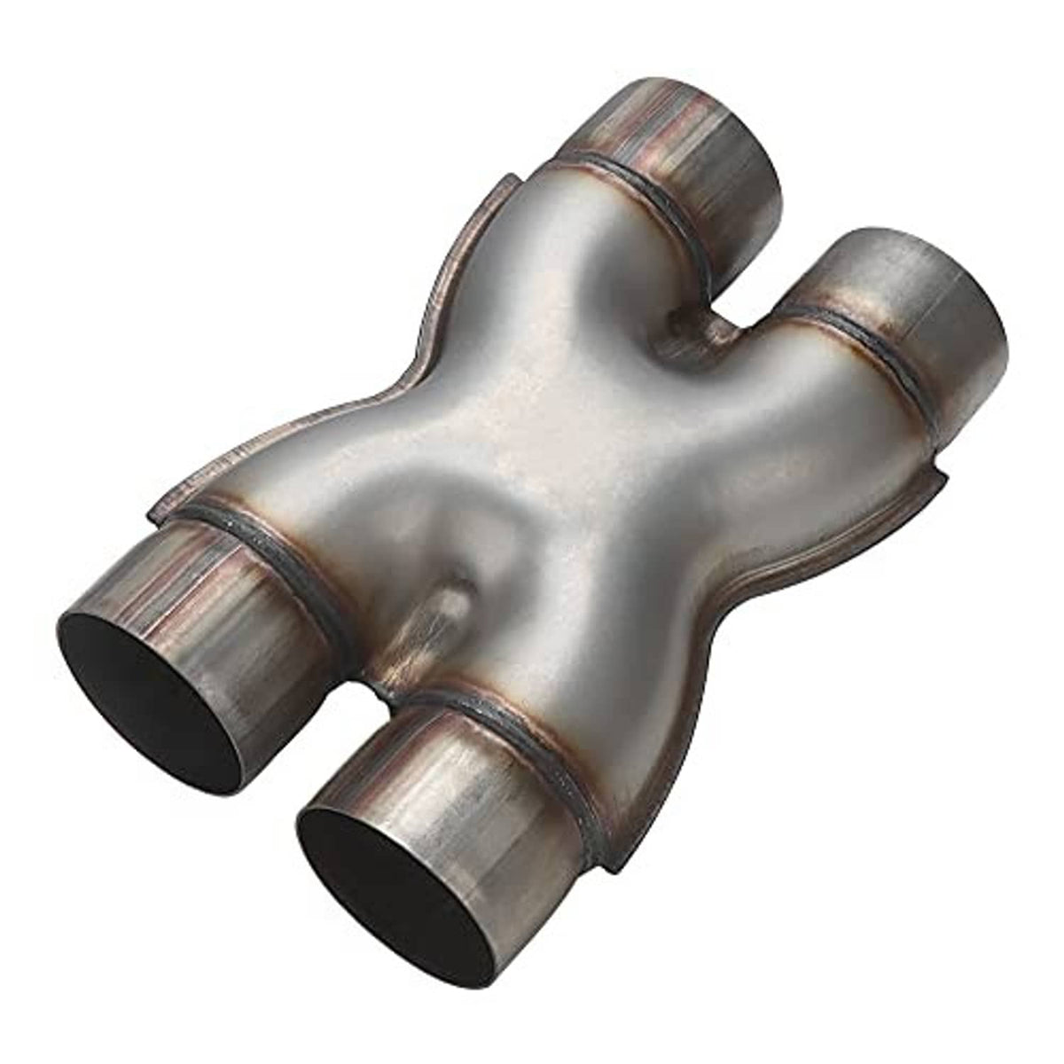 Stainless steel dual exhaust pipe, underside view with two round exhaust outlets