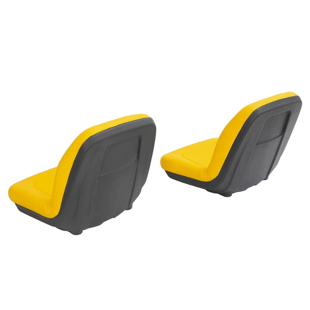 Two seat cushions showing gray underside with yellow seats and black trim