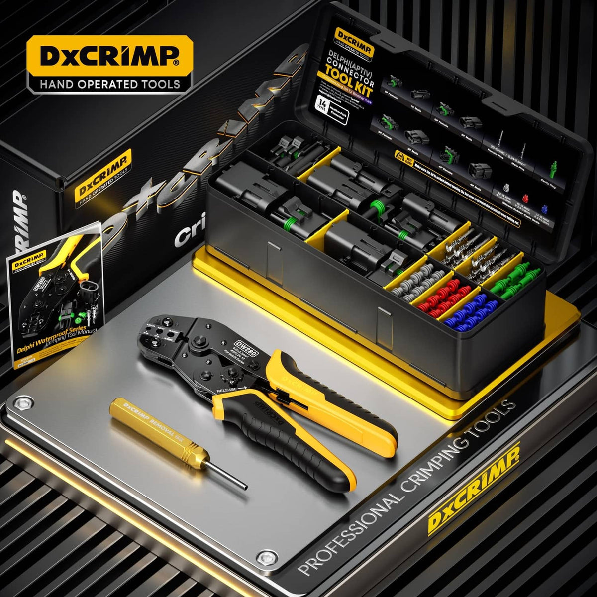 DxCRIMP hand crimping tool kit in gray storage case with yellow crimper and parts