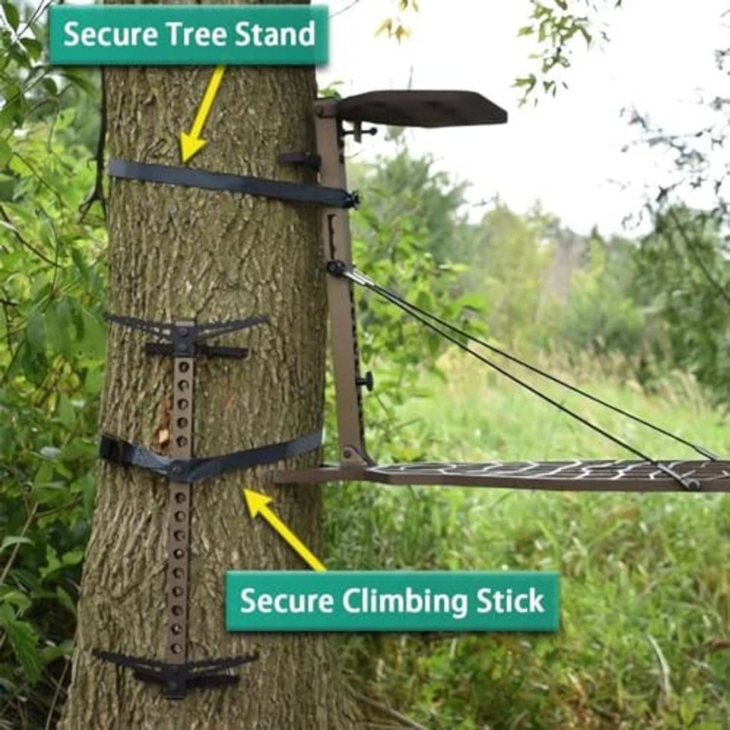 Black climbing stick straps with buckles securing a stand to a tree trunk