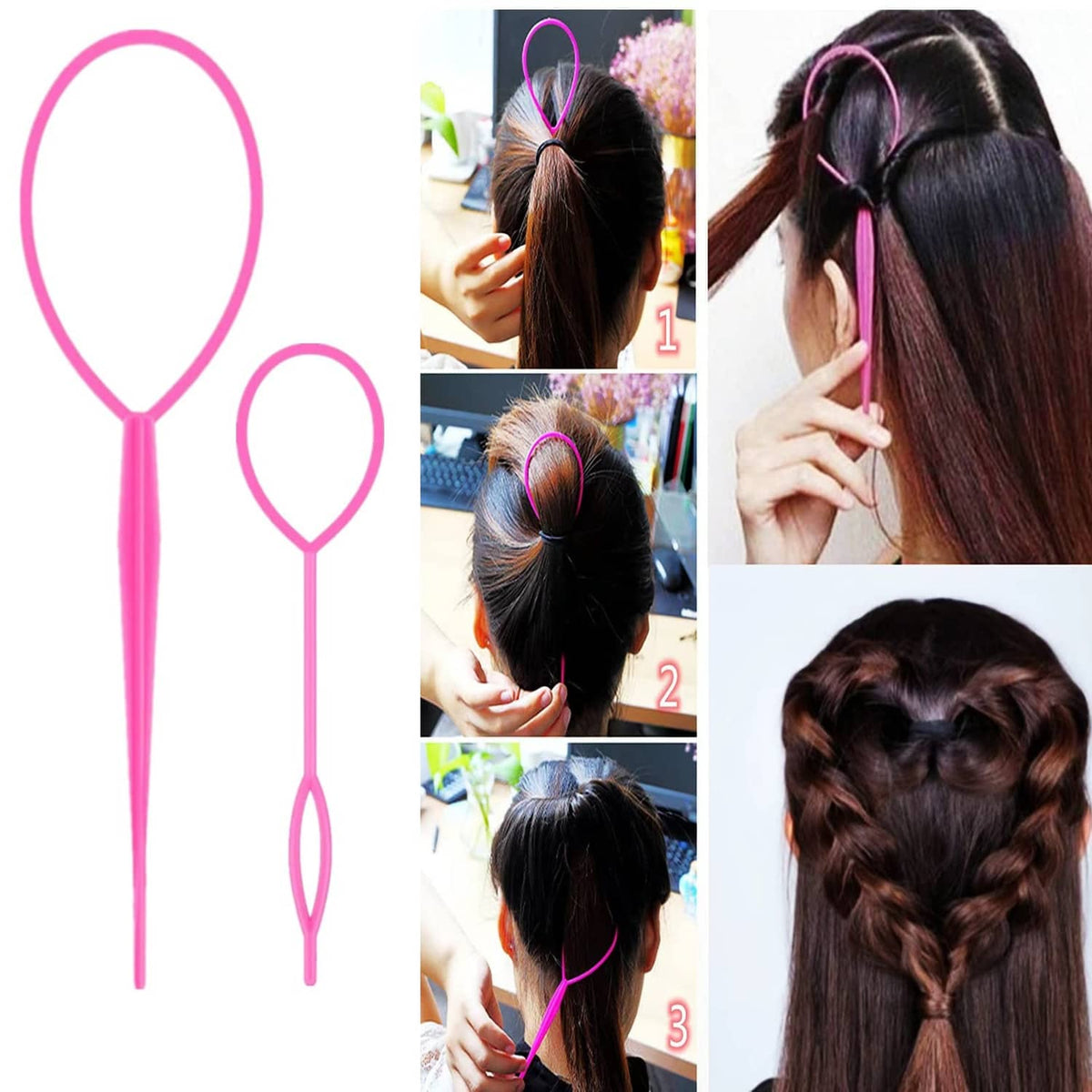 Pink topsy tail hair tools with two shaped loop picks and hair-parting comb