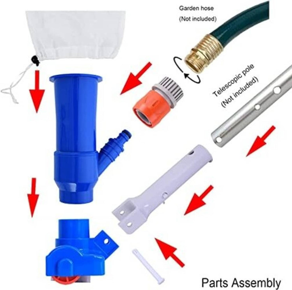Pool jet vacuum parts with blue canister, white bag, and hose connectors