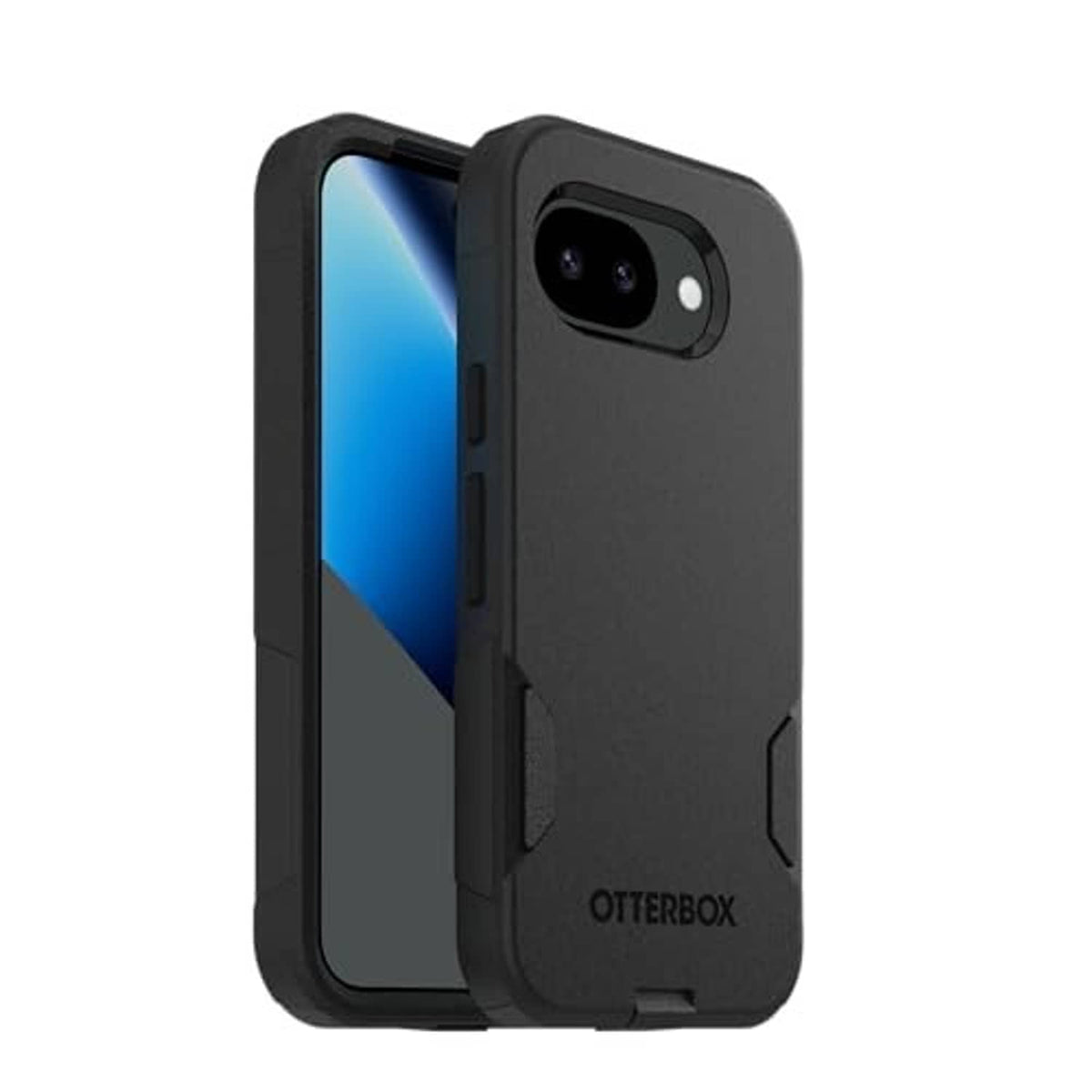 Black rugged phone case with side buttons and camera opening, shown in angled view