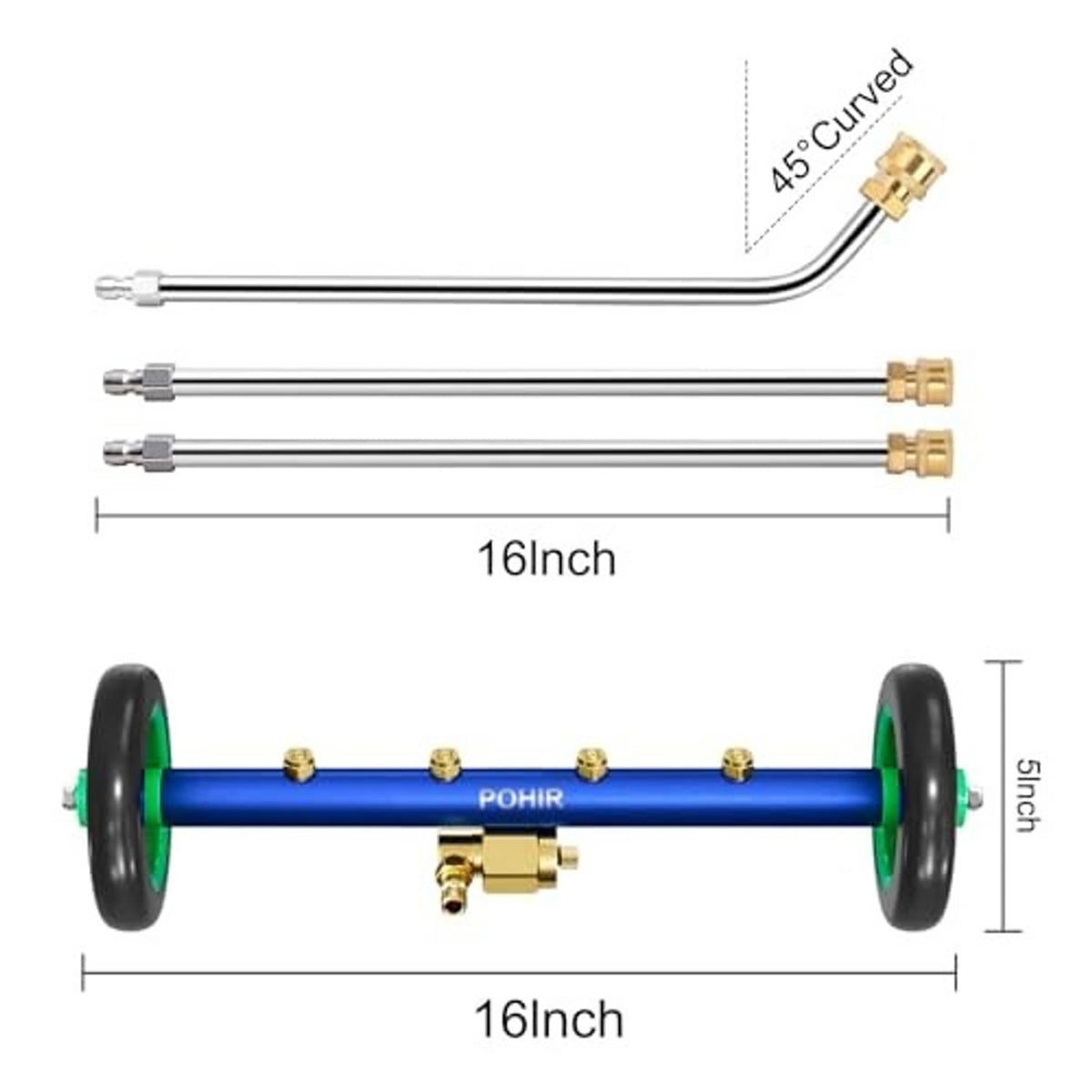 Undercarriage pressure washer attachment with blue bar, green wheels, brass connector and rods