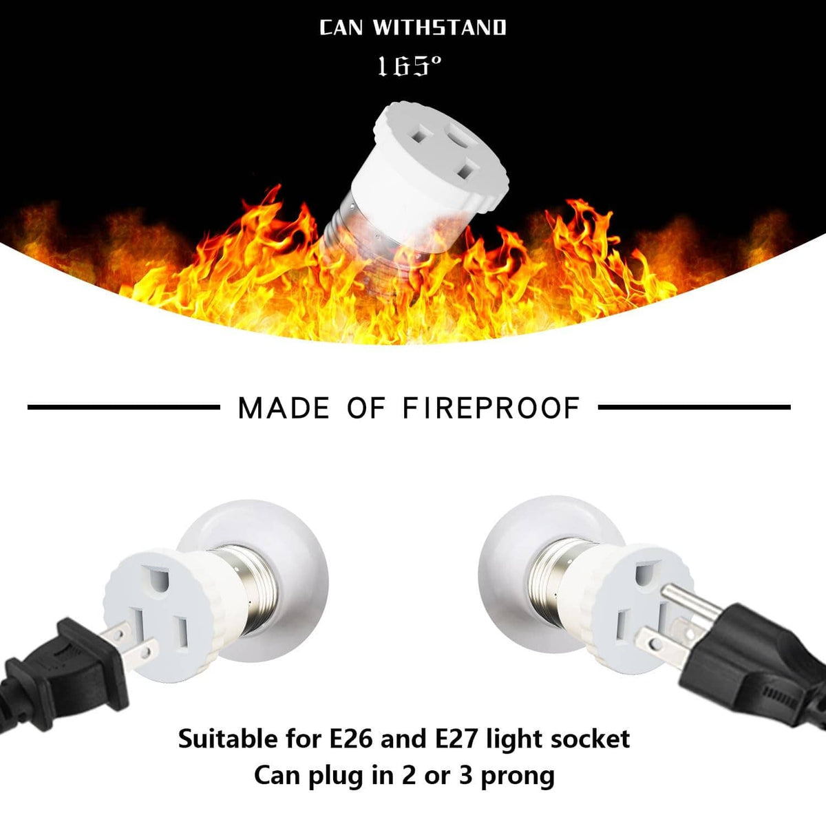 White light socket to plug adapter for E26/E27, supports 2- or 3-prong plug