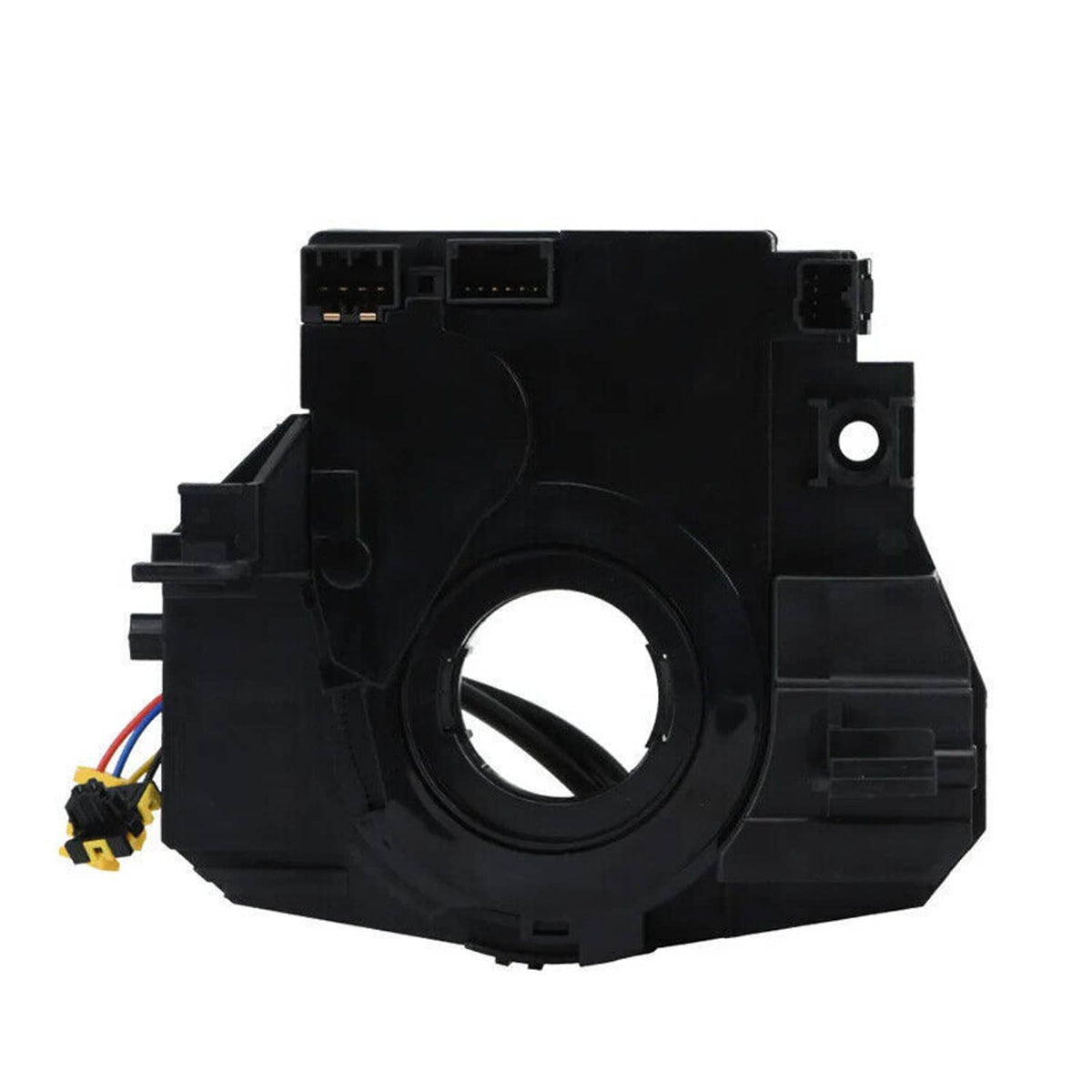 Clock spring contact assembly with large circular opening and electrical terminals, black