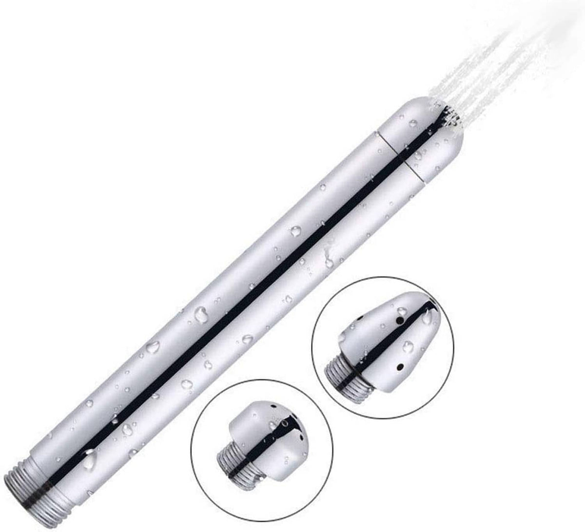 Chrome long shower nozzle cleaner with droplets on surface and three nozzle caps