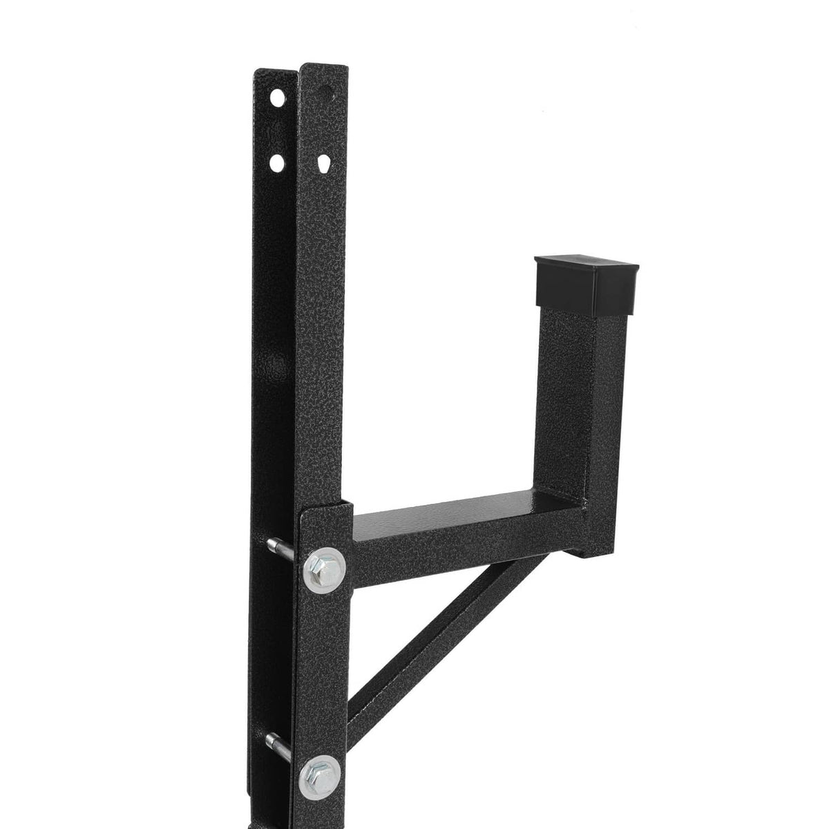 Black wall-mount ladder rack support bracket with mounting holes and bolts