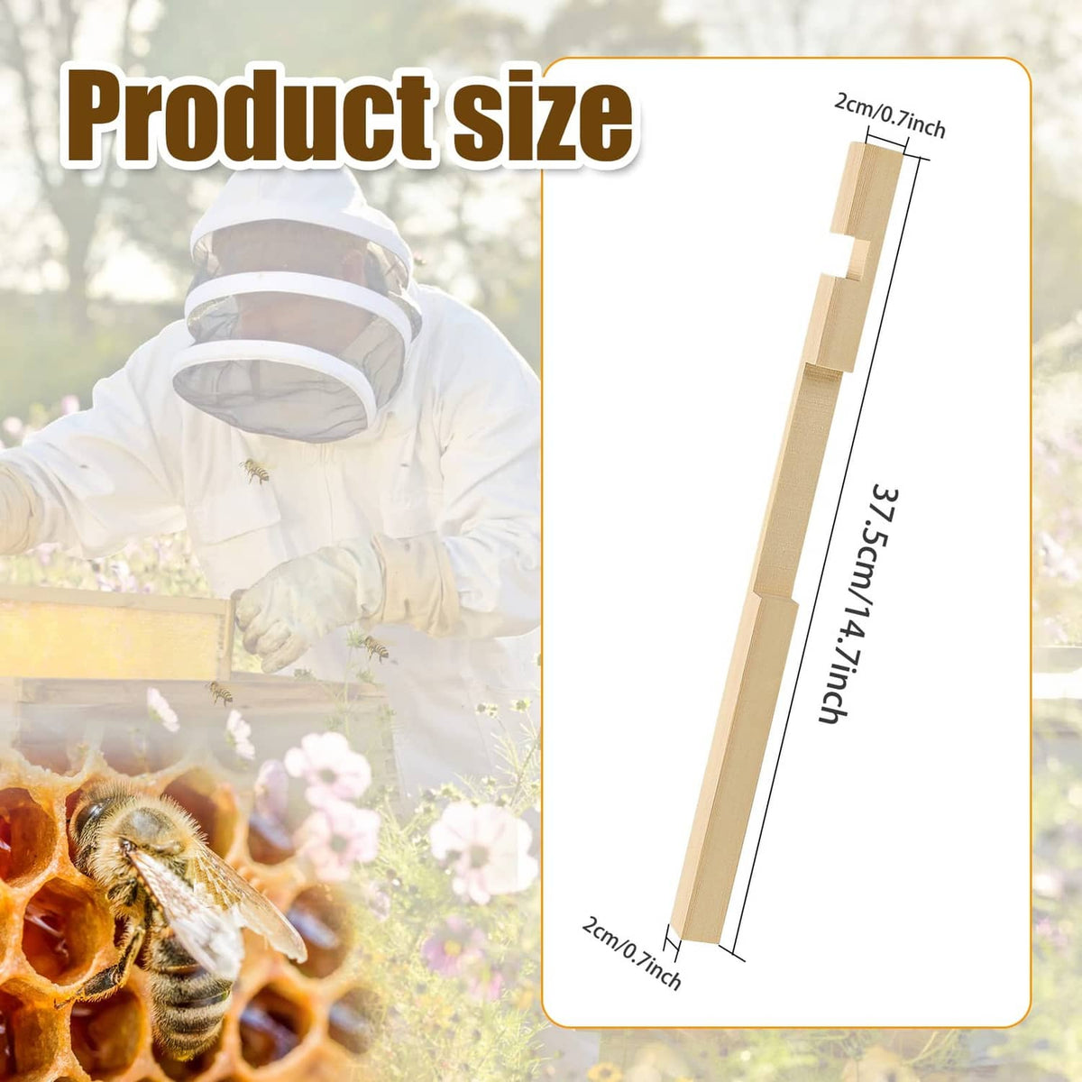 Wooden beehive entrance reducer with slatted insert, shown with compact size dimensions