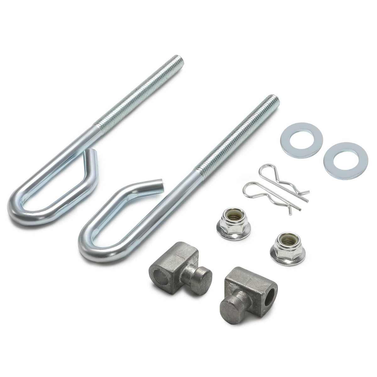 Galvanized deck lift bolt U-bolts with two clamp brackets, washers, nuts, and cotter pins