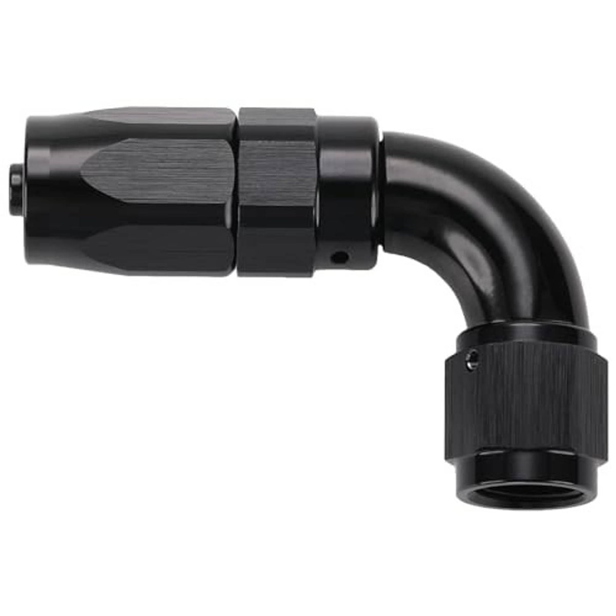 Black 90-degree AN hose end swivel fitting, curved elbow with threaded mounting end