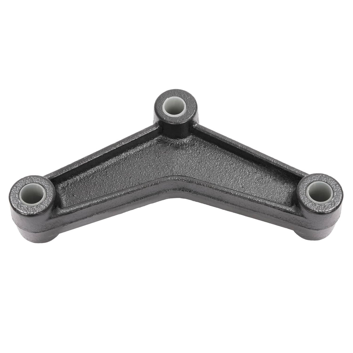 Metal trailer suspension shackle bracket with three mounting eye bushings, dark gray