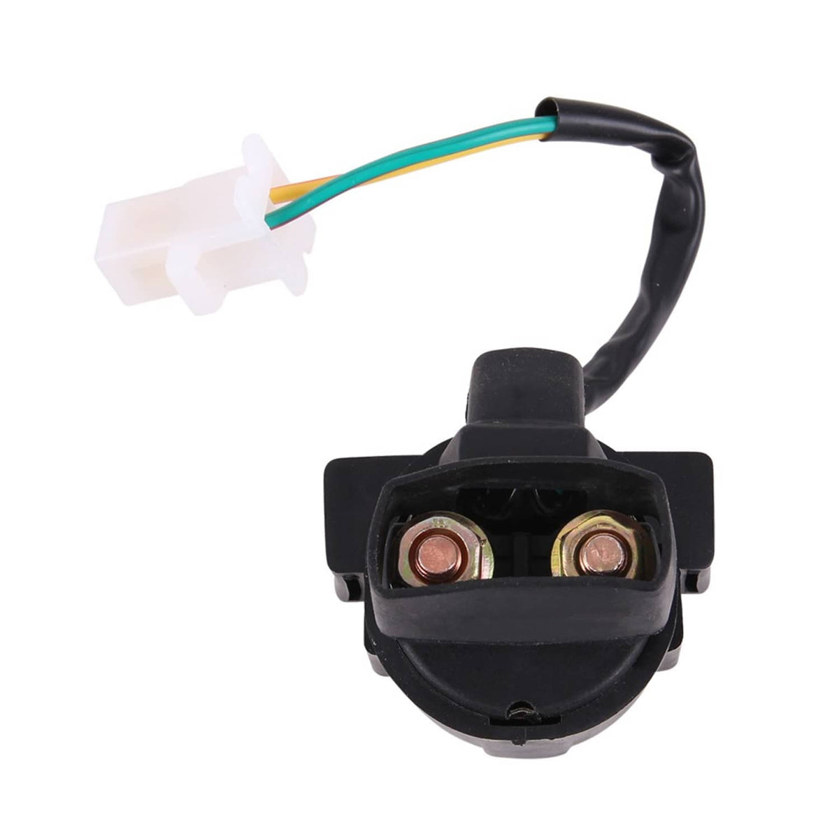 Starter relay solenoid with black top cover, dual terminals, and multi-color wire connector