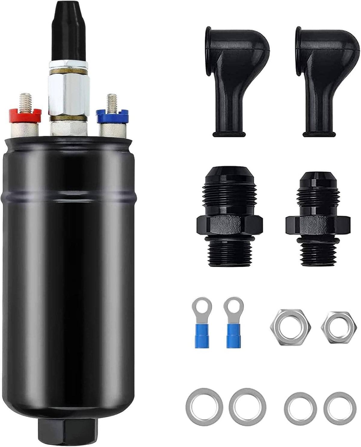 Inline electric fuel pump with black cylinder body and metal inlet outlet fittings
