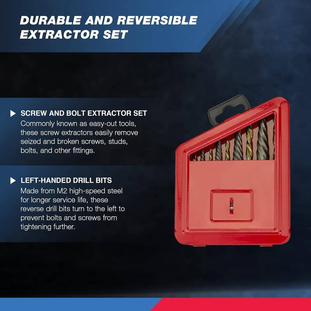 Red extractor set case with left-hand drill bits for removing screws and bolts