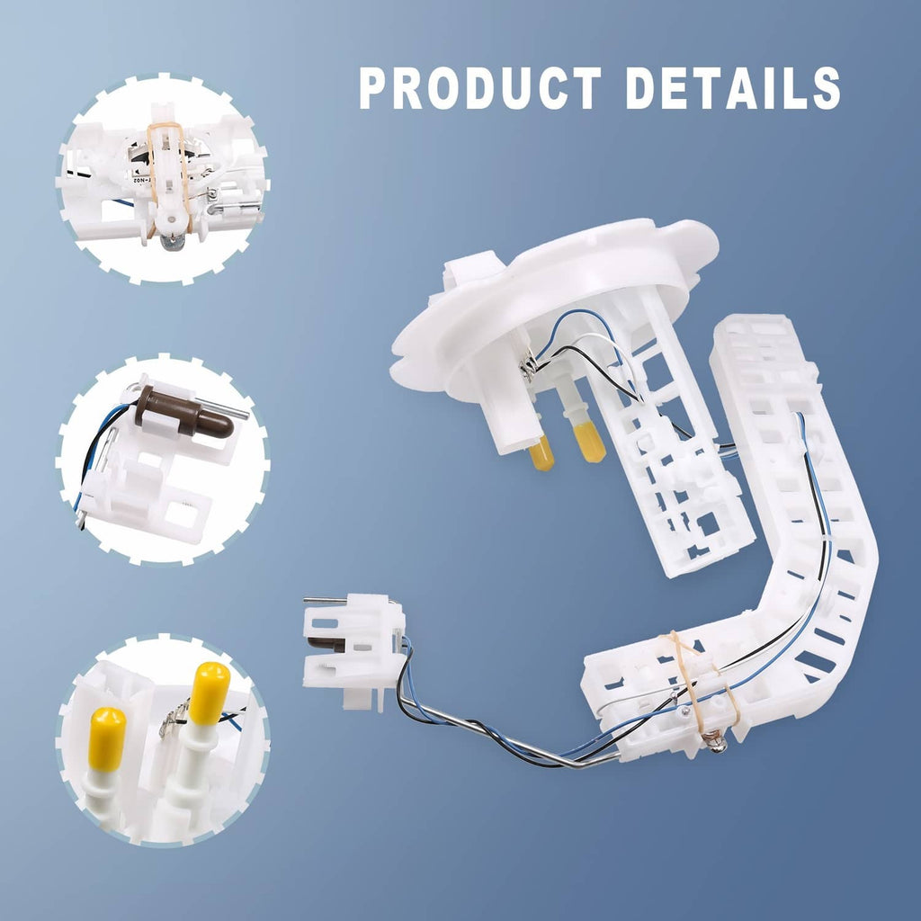 Fuel pump assembly product parts, white housing with wiring and yellow-tipped connectors
