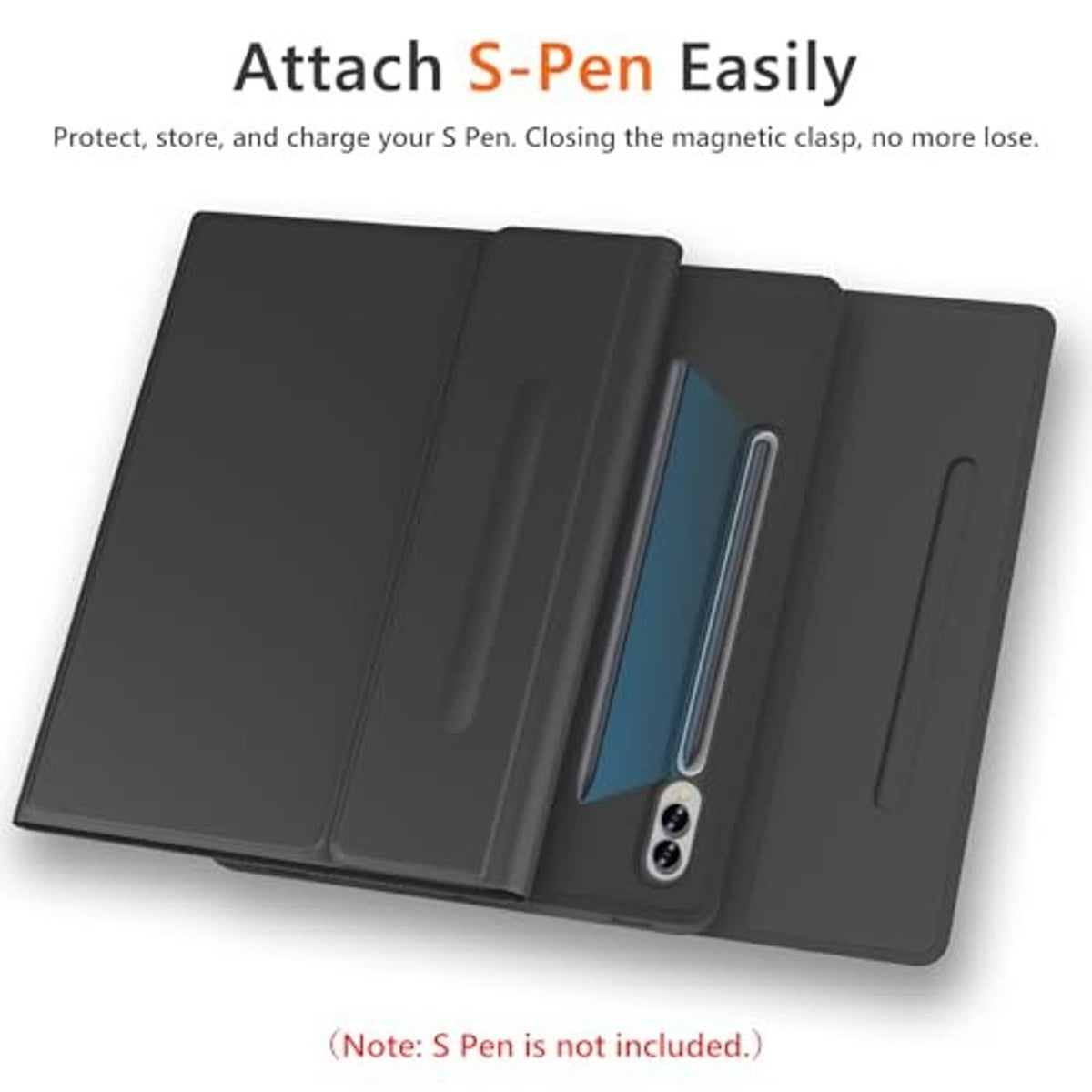 Black folio case with S Pen slot; compatible tablet keyboard case cover
