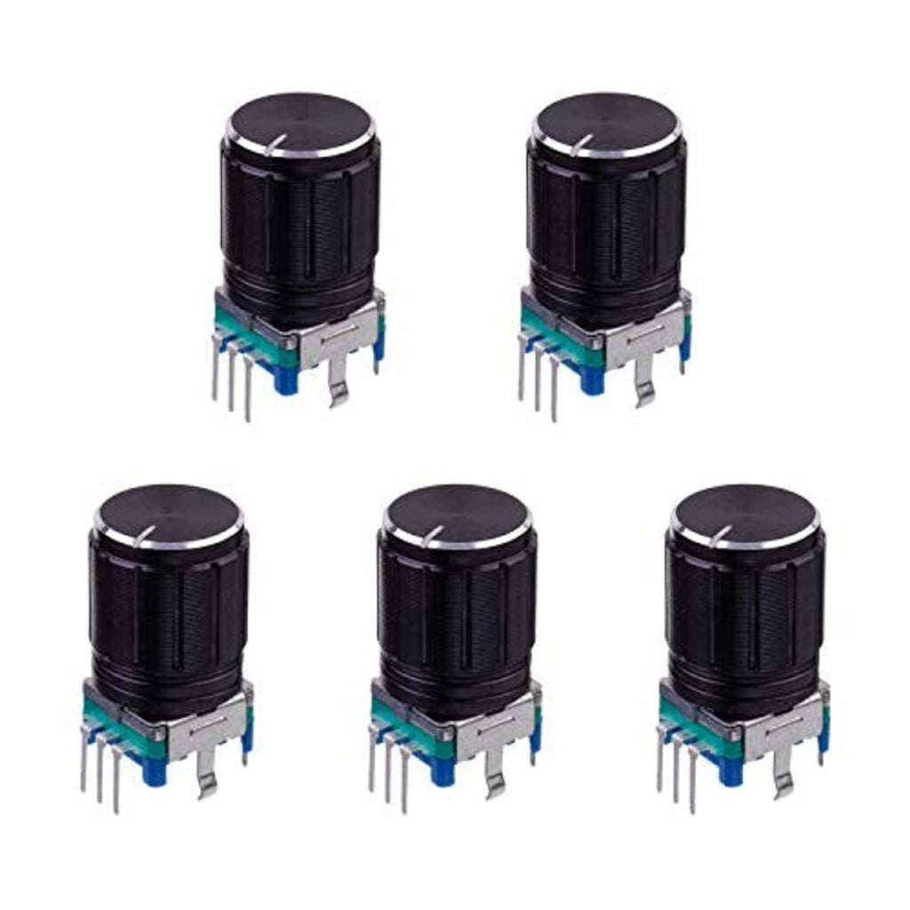 Set of black 360-degree rotary digital potentiometer encoders with 5-pin headers and blue contacts.