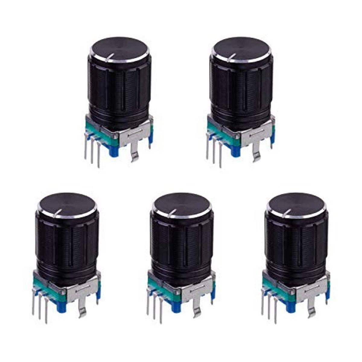 Set of black 360-degree rotary digital potentiometer encoders with 5-pin headers and blue contacts.