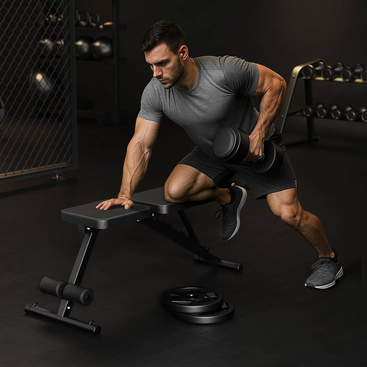 Adjustable weight bench used for dumbbell exercise, padded seat and backrest visible