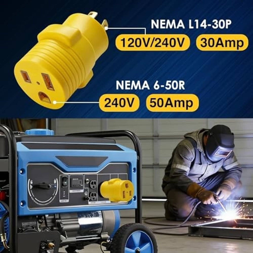 Yellow NEMA-style generator adapter plug with prongs, shown beside a welding generator