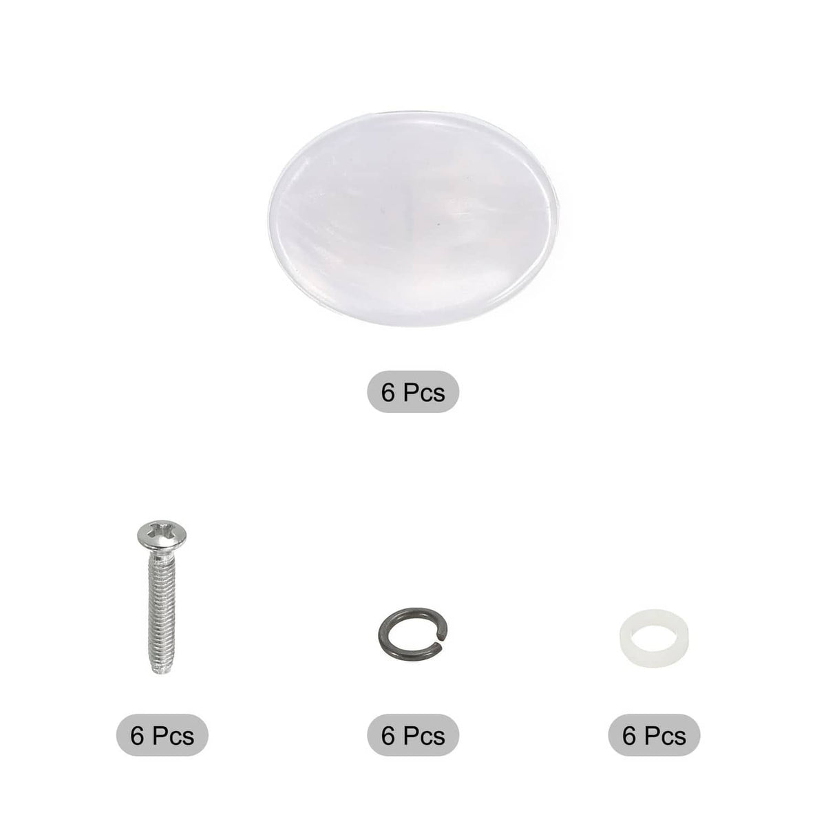 White oval tuning peg button set: screws, metal rings, and white washers (6 pcs)