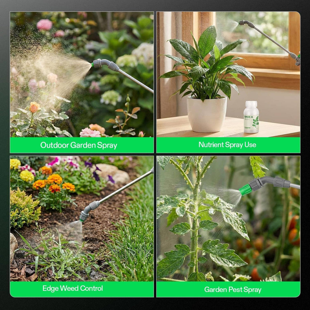 Hand pump sprayer spraying mist over garden plants and soil