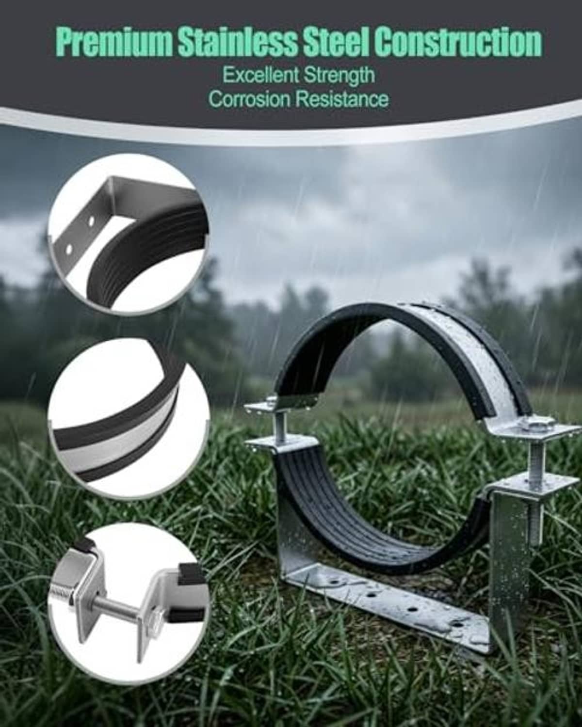 Stainless split ring pipe hanger with black ring insert and wall-mount bracket