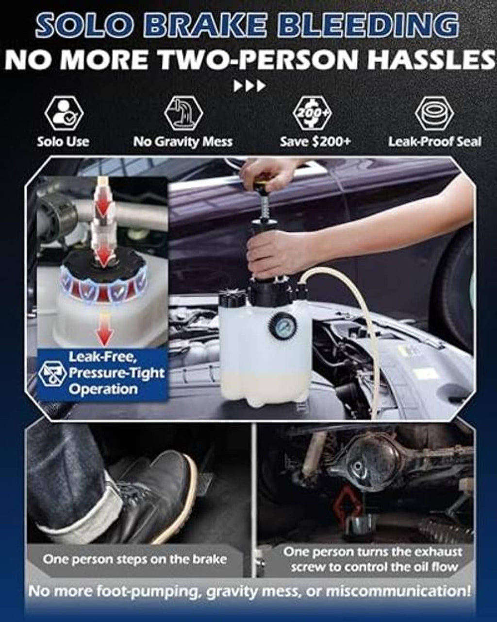Brake bleeding pressure tool with catch bottle shown connected near vehicle engine