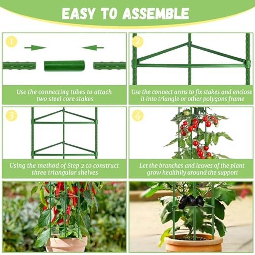 Tomato cage kit with easy assembly parts and tall frame shown supporting red fruiting plants